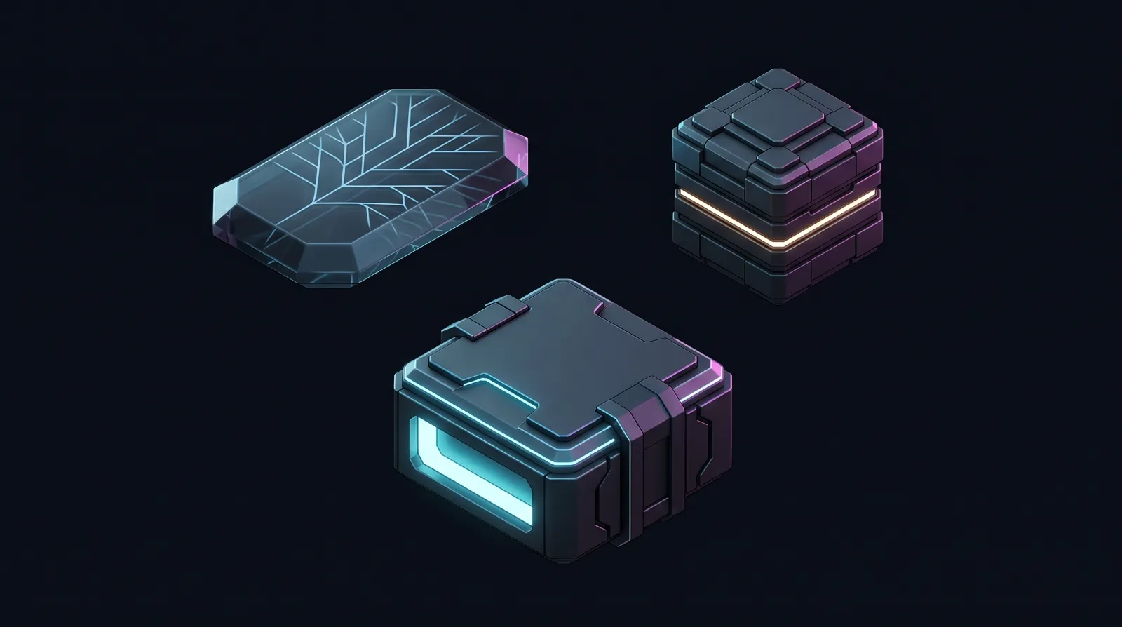 Three familiar machines at rest: the etched repository crystal, the armoured secret
              vault, and the mirror way-station - the supporting cast of the delivery arc.