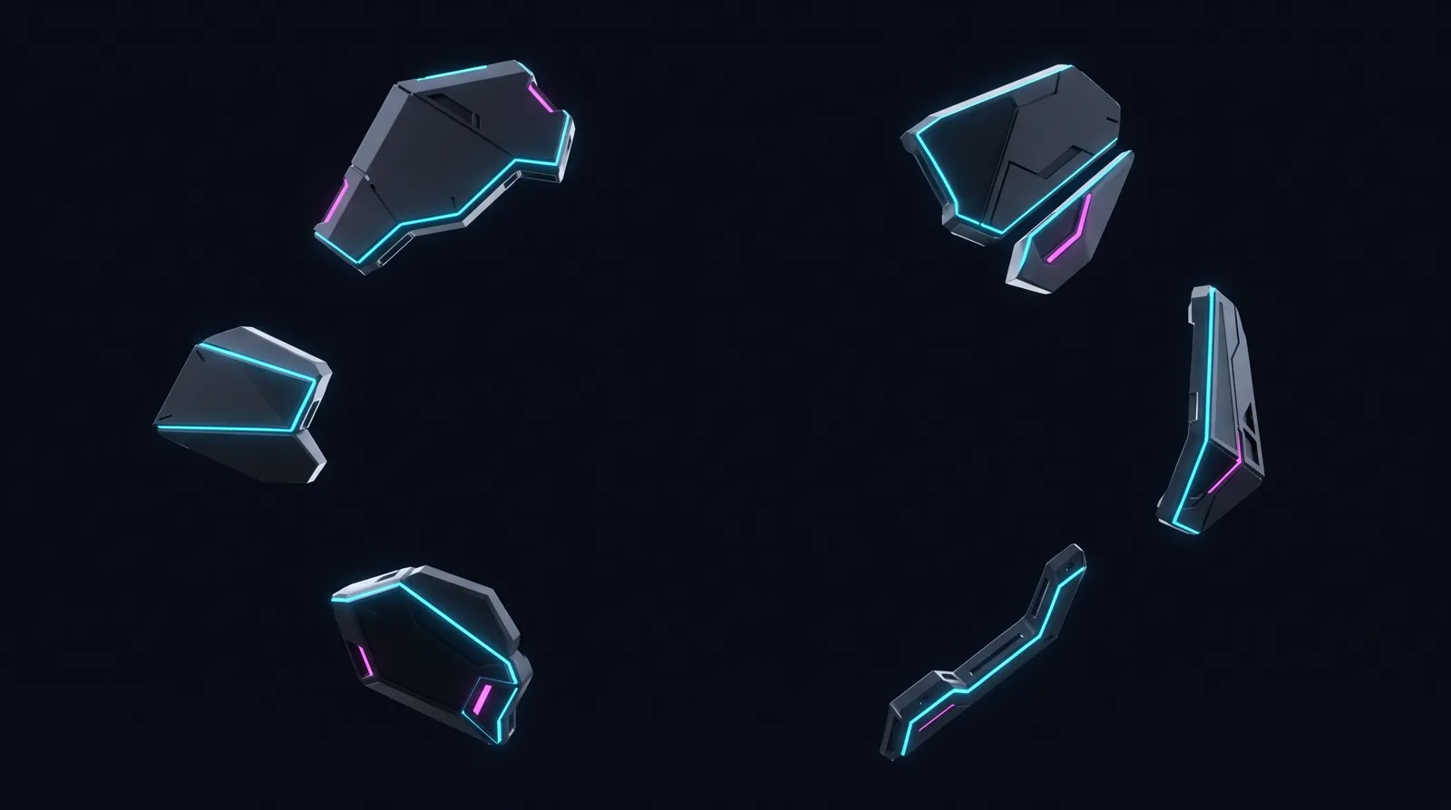 Six dark armour fragments with neon seams framing a large empty centre - the
                  casing of a machine caught the instant before it comes apart.