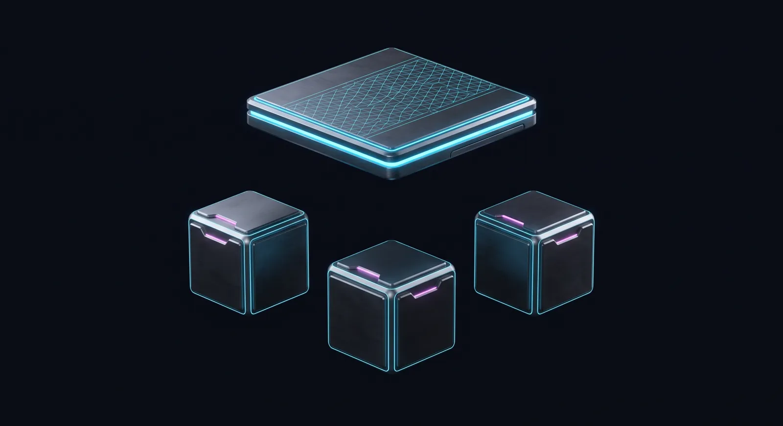 A small fleet mid-explosion: one wide command slab with a strong cyan seam
                  hovering above a row of three identical worker blocks, all floating apart in
                  the void.