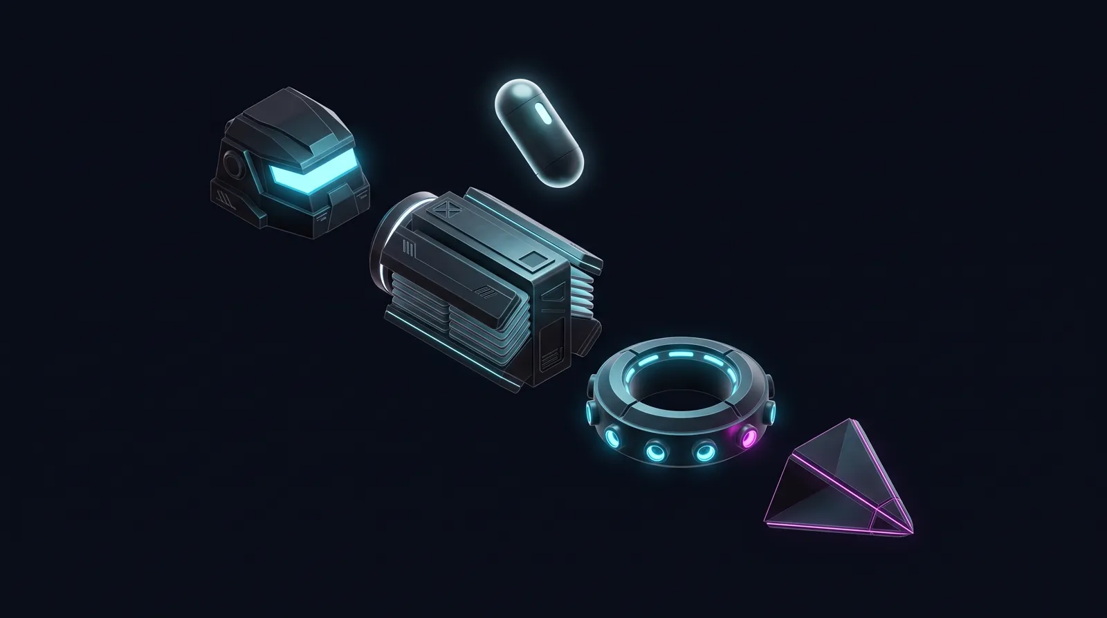 A diagonal chain of node machinery: a visor-lit kubelet module, a layered
                  container-runtime engine, a ported CNI ring, a magenta routing prism, and a
                  small glowing pod capsule descending toward the engine.