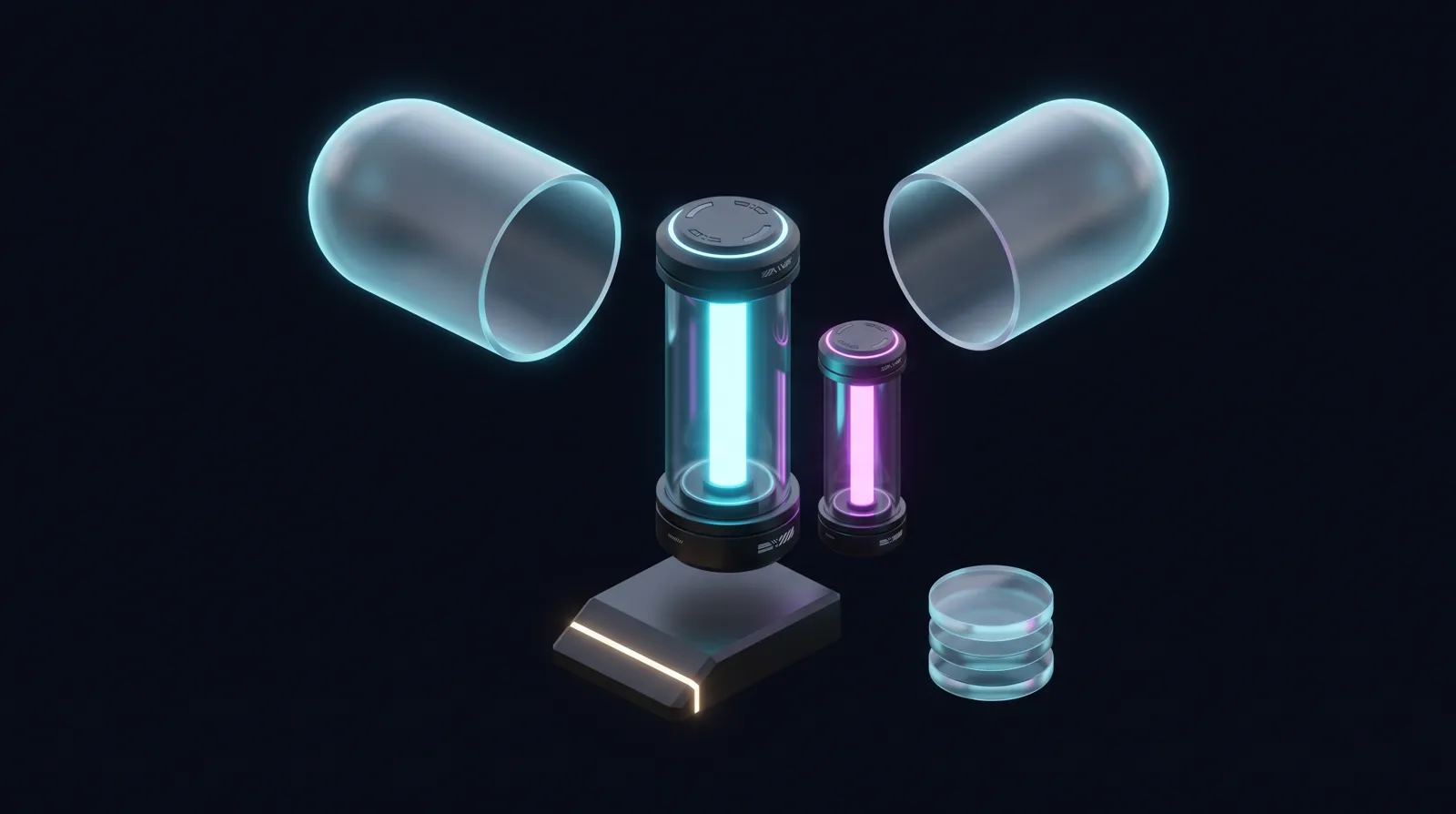 A pod capsule blown open: two frosted shell halves floating apart, a cyan app
                  container column standing on an amber-lit init gate, a smaller magenta sidecar
                  beside it, and a stack of translucent volume discs.