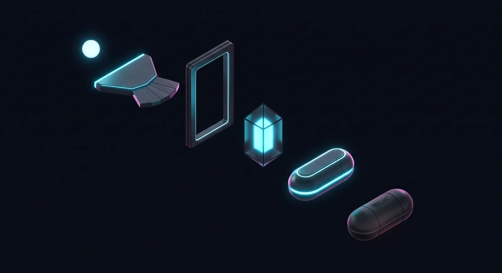 A delivery route in the void: a glowing client orb, a fanned load-balancer
                  wedge, an open ingress doorframe, a Service prism with a bright core, a lit
                  ready pod, and a dark unlit pod fallen out of the line.
