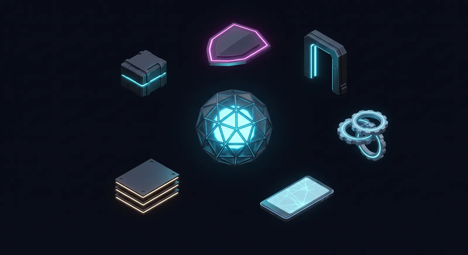 A glowing geodesic core ringed by six satellites: a magenta admission shield,
                  an open route arch, interlocking operator rings, a handheld console, an
                  amber-lit stack of machine-config plates and a compact single-node box.