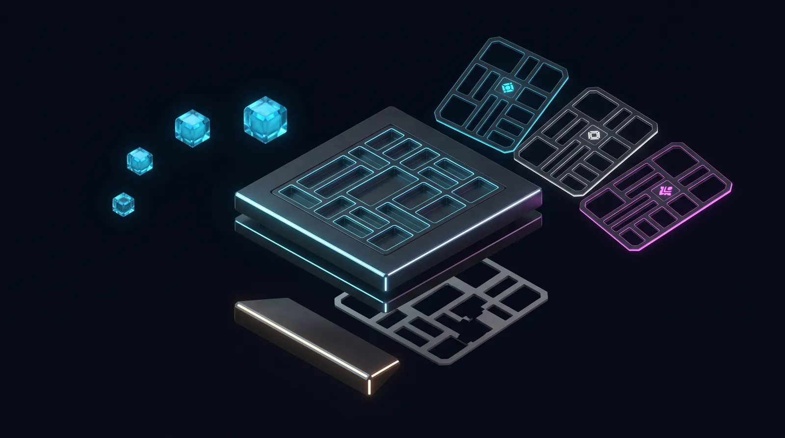 The Helm press: an engraved chart plate with empty sockets, four values crystals
                  feeding in, three rendered sheets fanned out in different hues, and a schema gate
                  wedge with a rejected grey sheet stopped behind it.