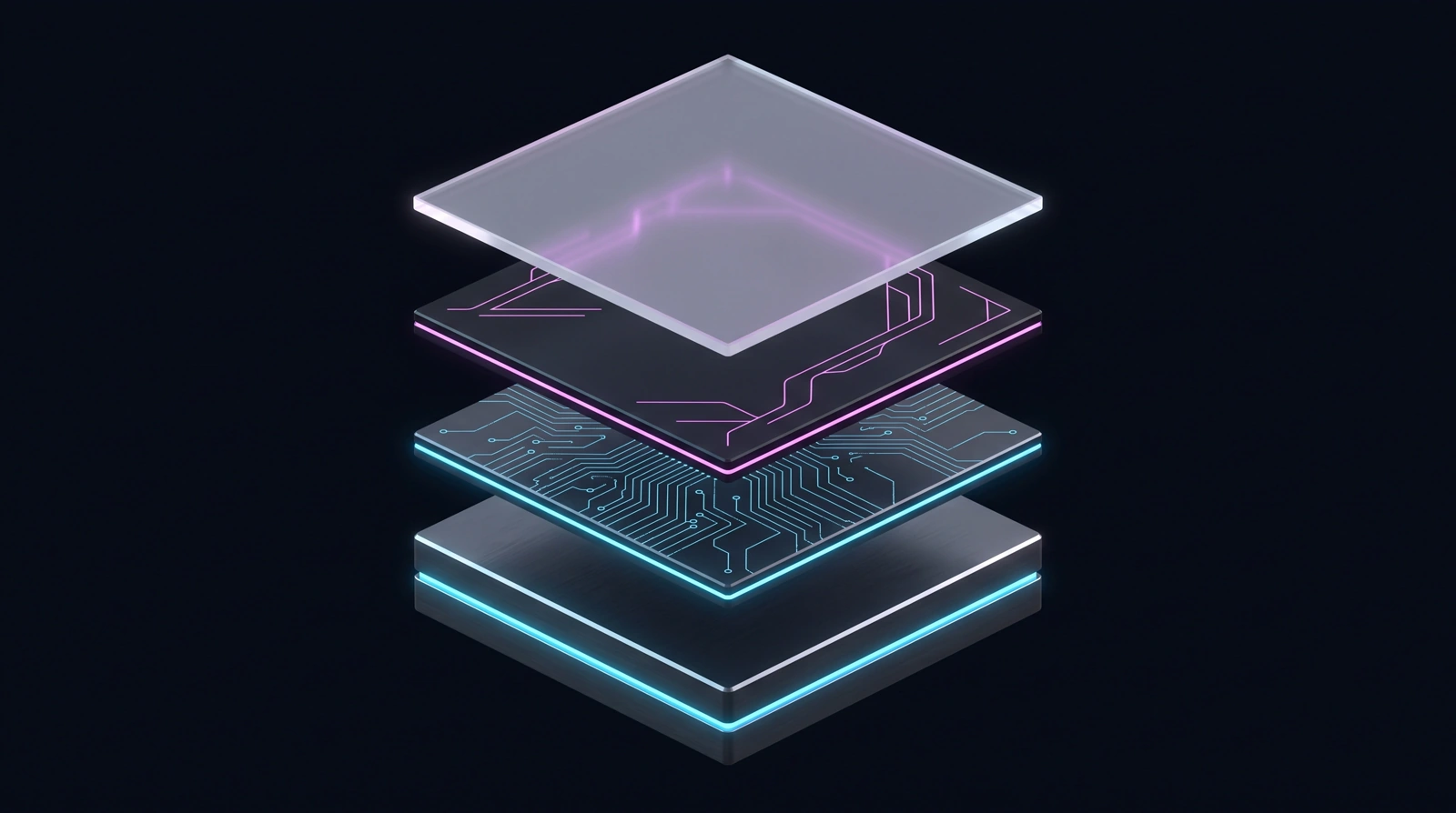 An exploded isometric view of a container image: four stacked slabs floating
                  apart - a heavy metal base, a circuit-etched dependency layer, a magenta-traced
                  code layer, and a thin frosted-glass writable layer on top.