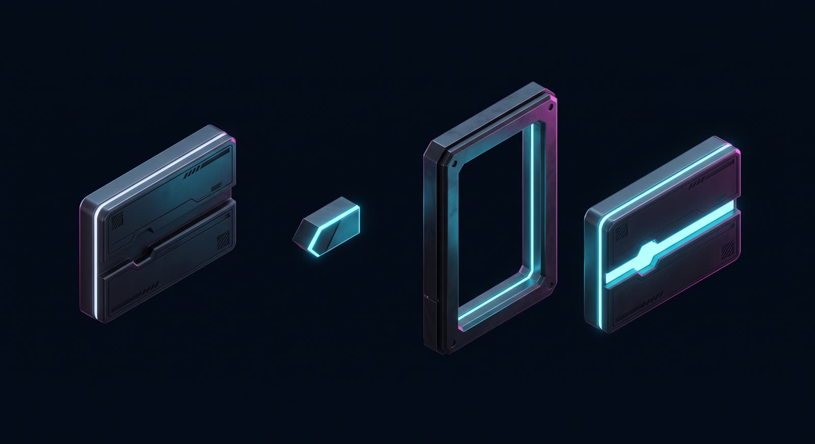Four parts left to right: a waiting keyed cartridge, a key wedge, a tall gate frame, and a cartridge beyond the gate with its keyway lit - per-node credentials proven at a checkpoint.