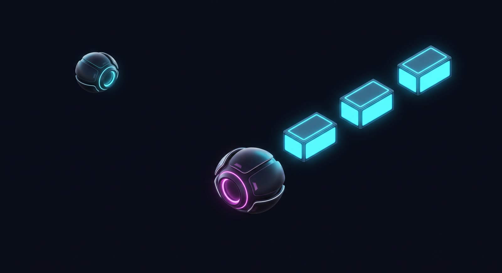 A stuck intake pod ringed in magenta with three glowing cargo bricks queued behind it - cached content waiting on a jammed process.