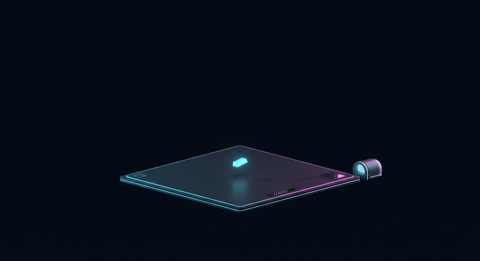 A wide flat node slab in an otherwise empty void; a single luminous brick hovers midway in its descent toward the slab - one small transfer of bytes as proof of life.