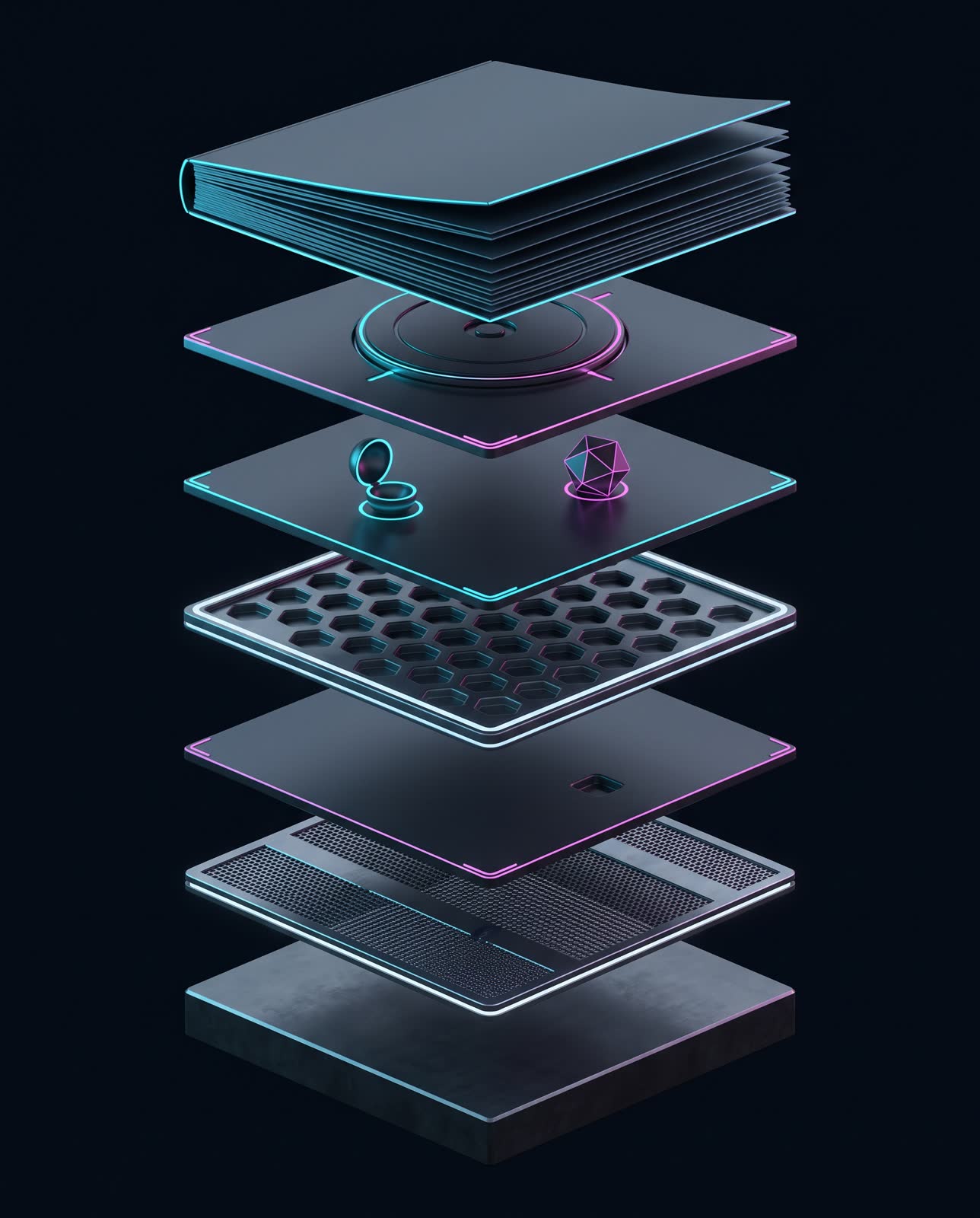 Exploded vertical stack of seven distinct floating plates, each a different mechanism, over a thick foundation slab