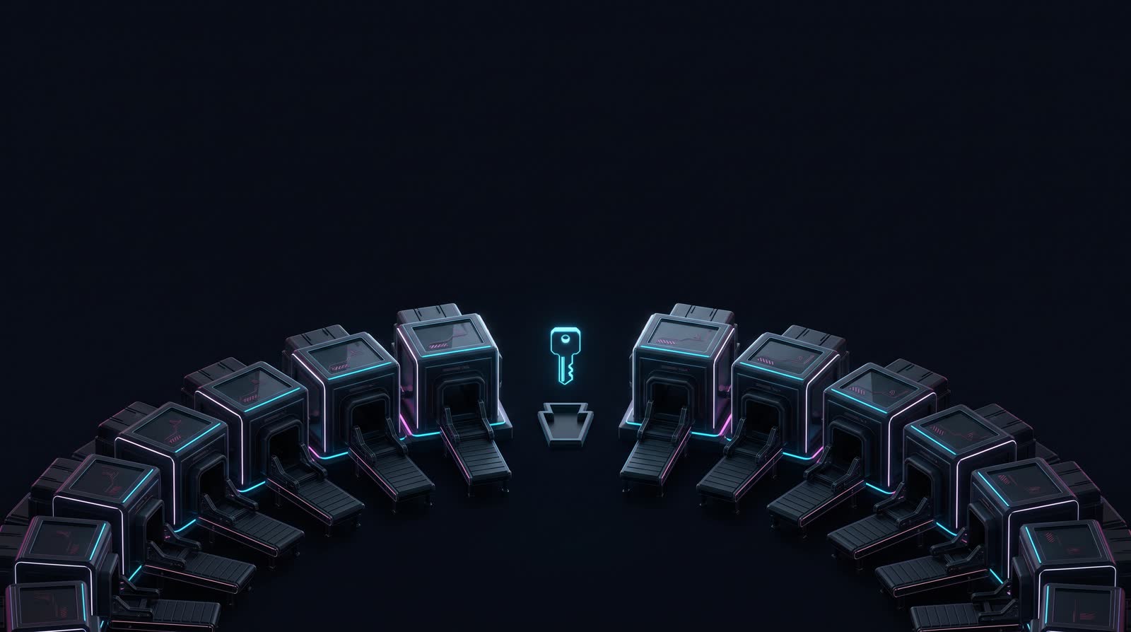 A dim arc of dormant machines waits around a single small brightly lit key floating above a matching socket
